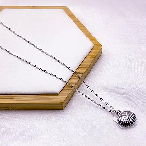 COLAR AÇO INOXIDÁVEL 45CM  CONCHA PEROLADA PRATEADA - CONCHA