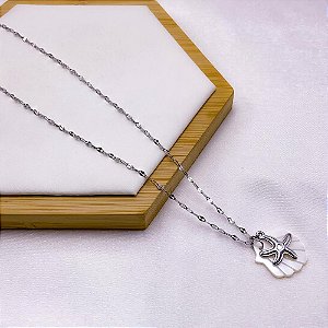 COLAR AÇO INOXIDÁVEL 45CM  CONCHA PEROLADA PRATEADO - ESTRELA DO MAR
