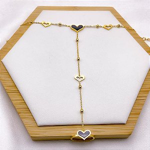 PULSEIRA AÇO INOXIDÁVEL COM ANEL AJUSTÁVEL CORAÇÃO PRETO - DOURADA