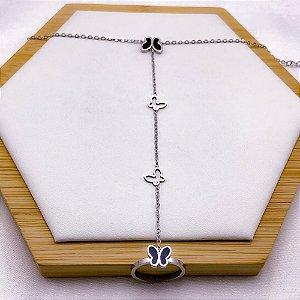 PULSEIRA AÇO INOXIDÁVEL COM ANEL AJUSTÁVEL BORBOLETA PRETA - PRATEADA