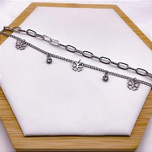 PULSEIRA AÇO INOXIDÁVEL DUPLA CORRENTARIA E BORBOLETA - PRATEADA