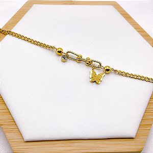 PULSEIRA AÇO INOXIDÁVEL BORBOLETA 3D DIAMANTADA - DOURADA