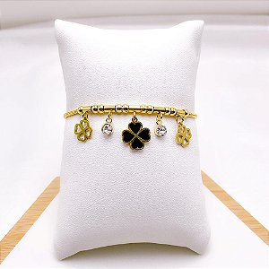 PULSEIRA AÇO INOXIDÁVEL TREVO PRETO - DOURADA