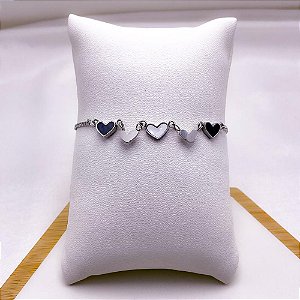 PULSEIRA AÇO INOXIDÁVEL CORAÇÕES PEROLADO E PRETO - PRATEADA