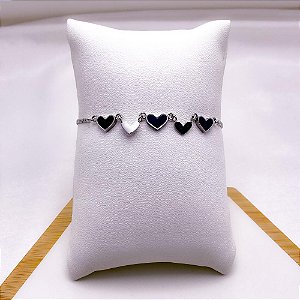 PULSEIRA AÇO INOXIDÁVEL CORAÇÕES PRETO - PRATEADA