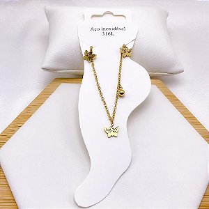 TORNOZELEIRA AÇO INOX BOLINHAS E BORBOLETA - DOURADA