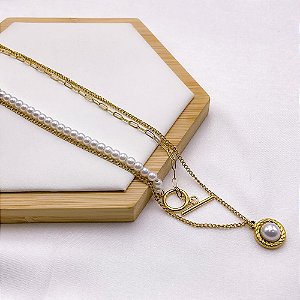 COLAR AÇO INOXIDÁVEL DUPLO 50CM  CORRENTARIA E PEROLAS - DOURADO