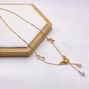 COLAR AÇO INOXIDÁVEL 45CM  BORBOLETA 3D COM PEROLAS - DOURADO
