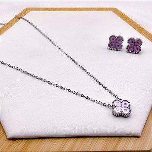 CONJUNTO COLAR  E BRINCO AÇO INOXIDÁVEL  TREVO ROSA - PRATEADO