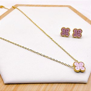 CONJUNTO COLAR  E BRINCO AÇO INOXIDÁVEL  TREVO ROSA - DOURADO