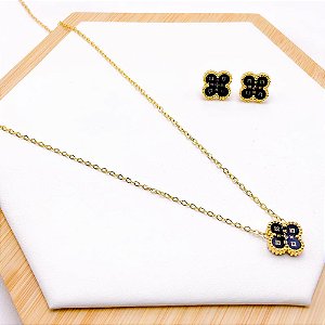 CONJUNTO COLAR  E BRINCO AÇO INOXIDÁVEL  TREVO PRETO - DOURADO