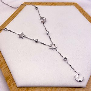 COLAR AÇO INOXIDÁVEL 45CM  MEIA LUA E ESTRELA PEROLADO - PRATEADO