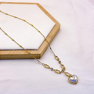 COLAR AÇO INOXIDÁVEL 45CM  PEDRA CRISTAL PINGENTE CORAÇÃO PEROLADO - DOURADO