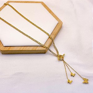 COLAR AÇO INOXIDÁVEL 45CM GRAVATINHA PINGENTE BORBOLETAS 3D - DOURADO