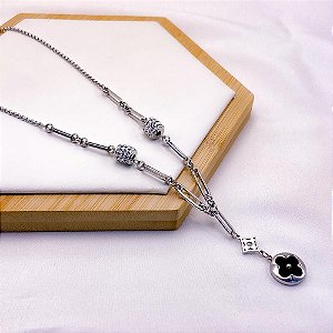 COLAR AÇO INOXIDÁVEL 45CM PEDRA CRISTALCORRENTARIA TREVO PRETO - PRATEADO