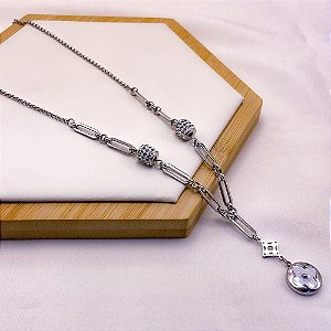 COLAR AÇO INOXIDÁVEL 45CM PEDRA CRISTALCORRENTARIA TREVO PEROLADO - PRATEADO