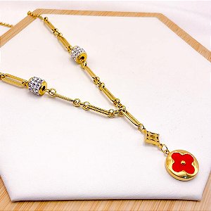 COLAR AÇO INOXIDÁVEL 45CM PEDRA CRISTALCORRENTARIA TREVO VERMELHO - DOURADO
