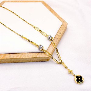 COLAR AÇO INOXIDÁVEL 45CM PEDRA CRISTALCORRENTARIA TREVO PRETO - DOURADO