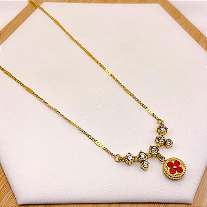 COLAR AÇO INOXIDÁVEL 45CM PEDRA CRISTAL TREVO VERMELHO - DOURADO