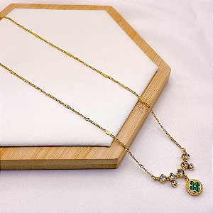 COLAR AÇO INOXIDÁVEL 45CM PEDRA CRISTAL TREVO VERDE - DOURADO