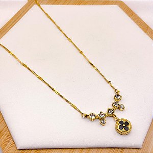 COLAR AÇO INOXIDÁVEL 45CM PEDRA CRISTAL TREVO PRETO - DOURADO