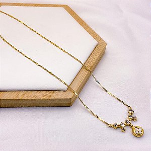 COLAR AÇO INOXIDÁVEL 45CM PEDRA CRISTAL TREVO BRANCO - DOURADO