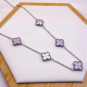 COLAR AÇO INOXIDÁVEL 45CM  TREVO ROSA - PRATEADO