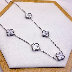 COLAR AÇO INOXIDÁVEL 45CM  TREVO BRANCO - PRATEADO