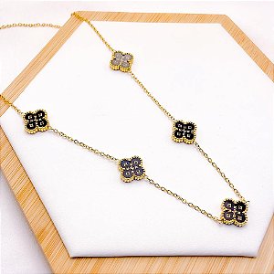 COLAR AÇO INOXIDÁVEL 45CM  TREVO PRETO - DOURADO
