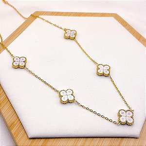 COLAR AÇO INOXIDÁVEL 45CM  TREVO BRANCO - DOURADO