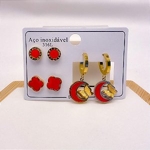 CARTELA TRIO BRINCO AÇO INOXIDÁVEL ARGOLINHA CLICK MEIA LUA VERMELHA E BORBOLETA 3D - DOURADO
