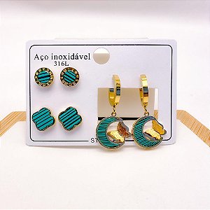 CARTELA TRIO BRINCO AÇO INOXIDÁVEL ARGOLINHA CLICK MEIA LUA VERDE E BORBOLETA 3D - DOURADO