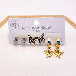 CARTELA TRIO BRINCO AÇO INOXIDÁVEL ARGOLINHA CLICK BORBOLETA - DOURADO