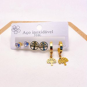 CARTELA TRIO BRINCO AÇO INOXIDÁVEL ARGOLINHA CLICK ARVORE DA VIDA - DOURADO