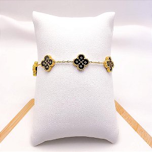 PULSEIRA AÇO INOXIDÁVEL TREVO PRETO - DOURADA