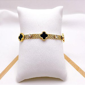 PULSEIRA AÇO INOXIDÁVEL PEDRA CRISTAL TREVO PRETO - DOURADA