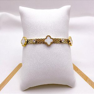 PULSEIRA AÇO INOXIDÁVEL PEDRA CRISTAL TREVO PEROLADO - DOURADA