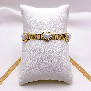 PULSEIRA AÇO INOXIDÁVEL CORAÇÃO PEROLADO - DOURADA