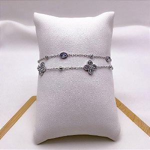 PULSEIRA AÇO INOXIDÁVEL DUPLA TREVO CRISTAL - PRATEADA