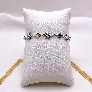 PULSEIRA AÇO INOXIDÁVEL ESTRELA DO MAR COM PEDRAS COLORIDAS - PRATEADA