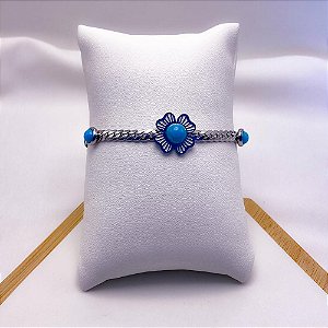 PULSEIRA AÇO INOXIDÁVEL FLOR  AZUL - PRATEADA
