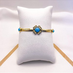 PULSEIRA AÇO INOXIDÁVEL FLOR  AZUL - DOURADA