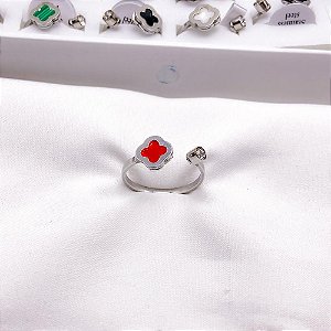 ANEL  AÇO INOXIDÁVEL TREVO VERMELHO - PRATEADO