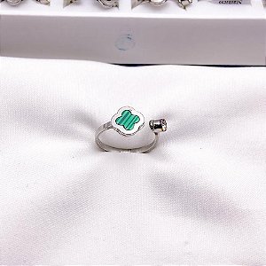 ANEL  AÇO INOXIDÁVEL TREVO VERDE - PRATEADO