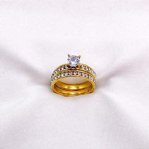 KIT ANEL  AÇO INOXIDÁVEL SOLITARIO E ALIANCA PEDRAS CRISTAL - DOURADO