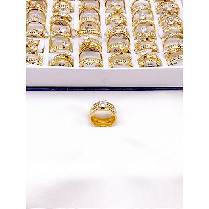 KIT ANEL AÇO INOXIDÁVEL SOLITARIO E ALIANCA PEDRAS CRISTAL - DOURADO
