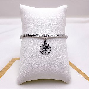 PULSEIRA AÇO INOXIDÁVEL RABO DE RATO PINGENTE SÃO BENTO  - PRATEADA