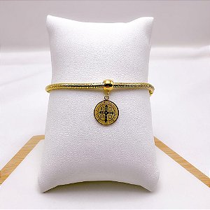 PULSEIRA AÇO INOXIDÁVEL RABO DE RATO PINGENTE SÃO BENTO  - DOURADA