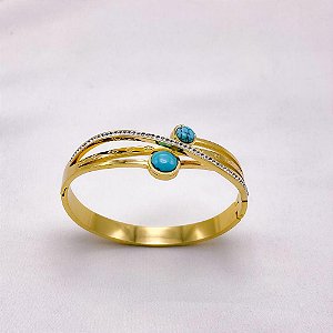 BRACELETE AÇO INOXIDÁVEL CRAVEJADO PEDRA TURQUESA - DOURADO