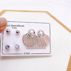 CARTELA BRINCO TRIO AÇO INOX LEQUE COM PÉROLA - PRATEADO
